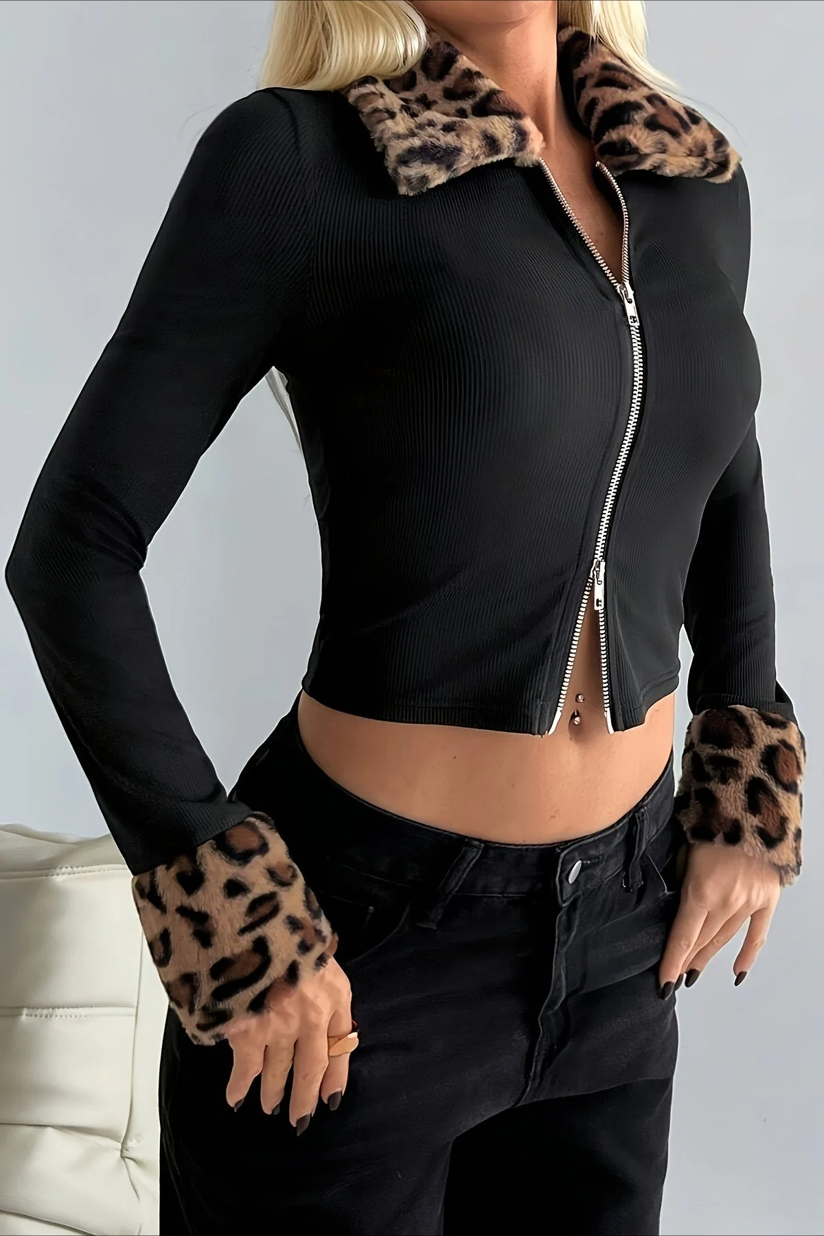 Fur Collar Leopard Print Double Zipper Knit Coat - Image 3