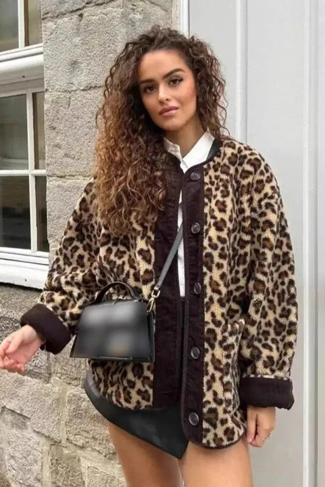 Leopard Print Loose Fit Sherpa Coat - Image 2