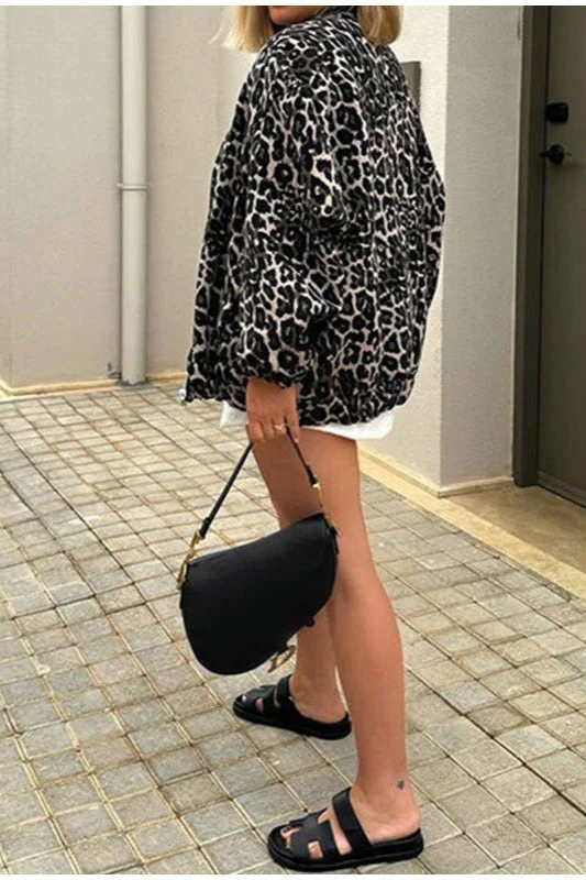 Animal Print Notch Collar Zip-Up Coat - Image 2
