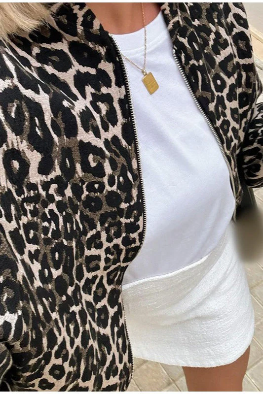Animal Print Notch Collar Zip-Up Coat - Image 3