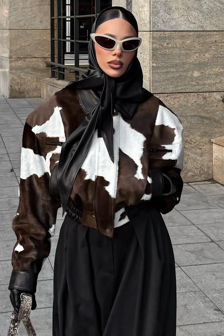 Cow Print Faux Leather Notch Collar Coat - Image 2