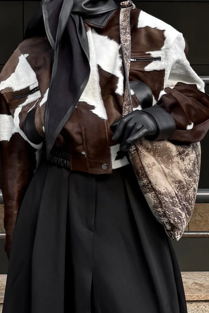Cow Print Faux Leather Notch Collar Coat - Image 3