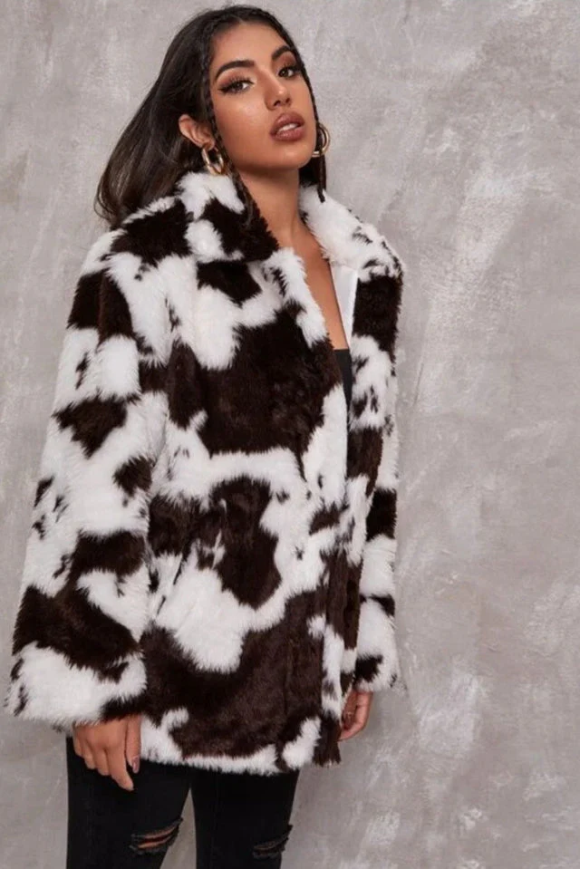 Black and White Faux Fur Cow Print Coat - Image 2