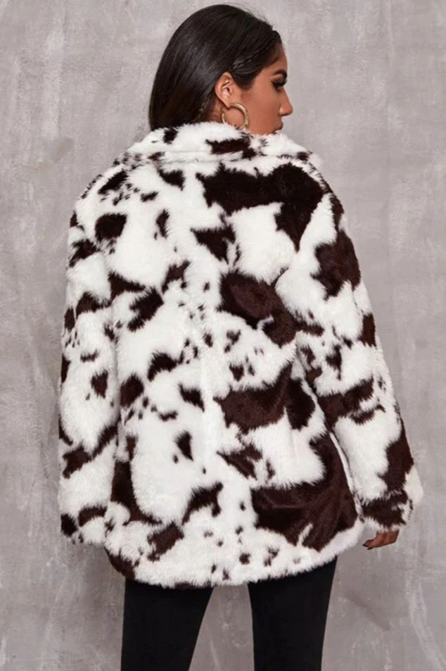 Black and White Faux Fur Cow Print Coat - Image 3