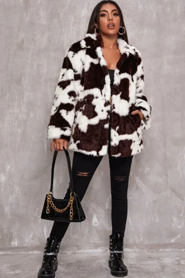 Black and White Faux Fur Cow Print Coat - Image 4