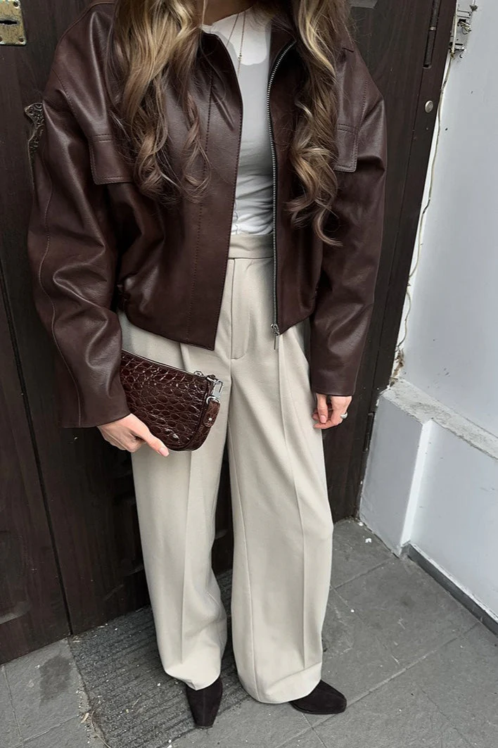 Retro Brown PU Leather Jacket - Image 2