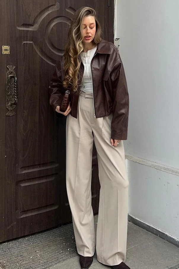 Retro Brown PU Leather Jacket - Image 3