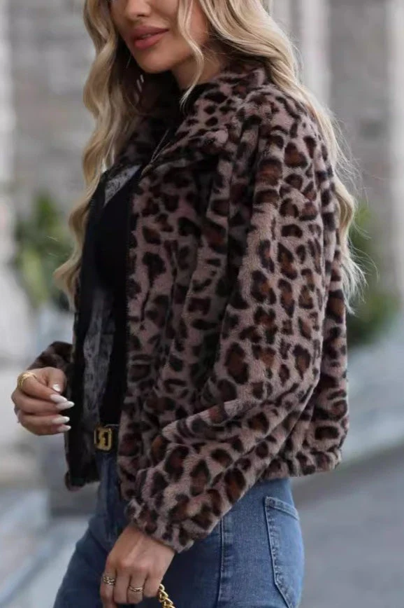Cozy Leopard Print Zippered Fleece Coat - Image 2