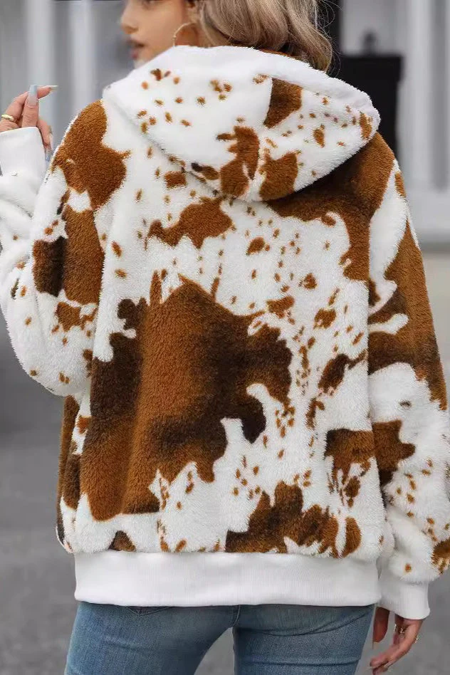 Plush Hooded Fleece Zippered Printed Coat - Image 3