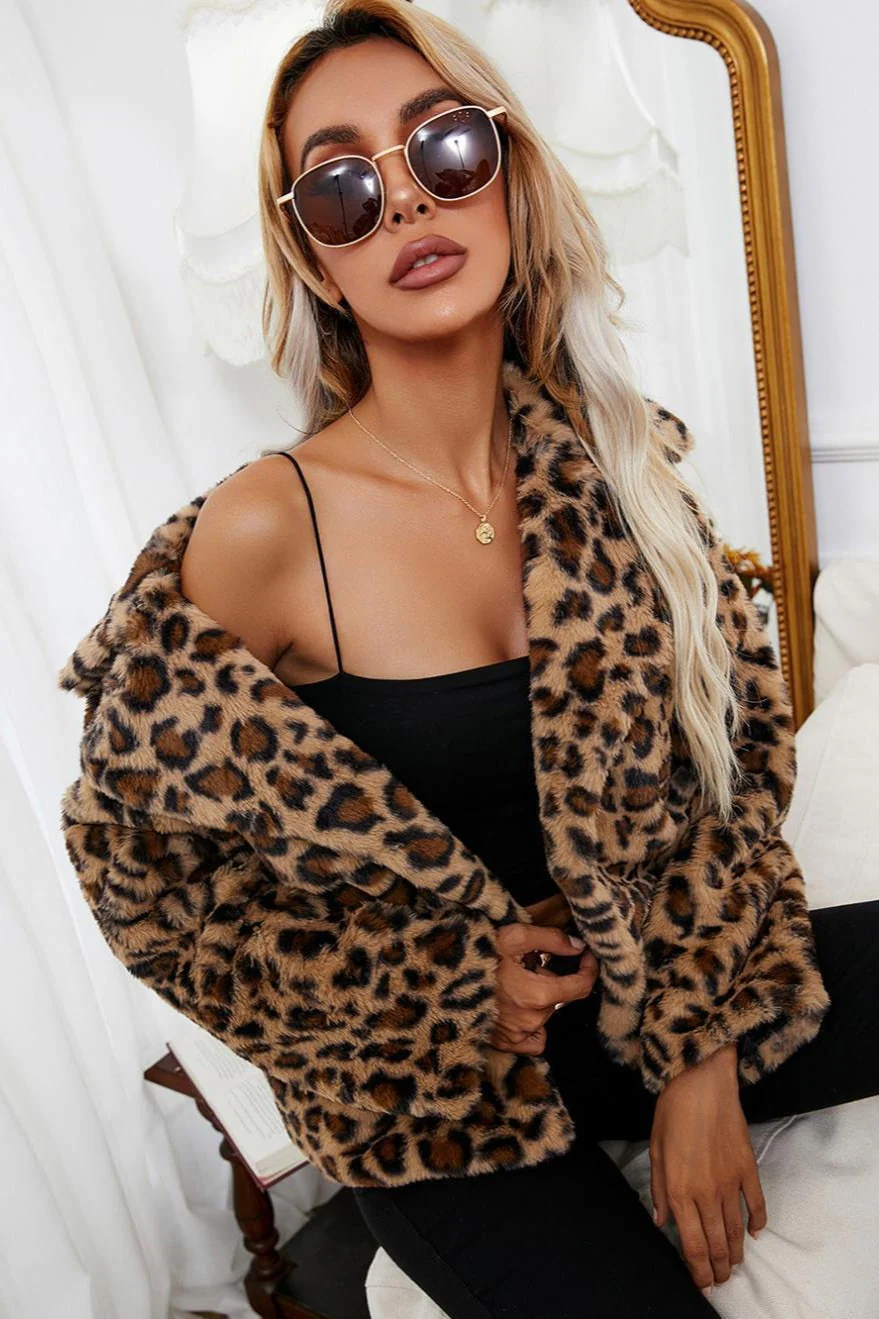 Fleece Leopard Zebra Print Notch Collar Coat - Image 3
