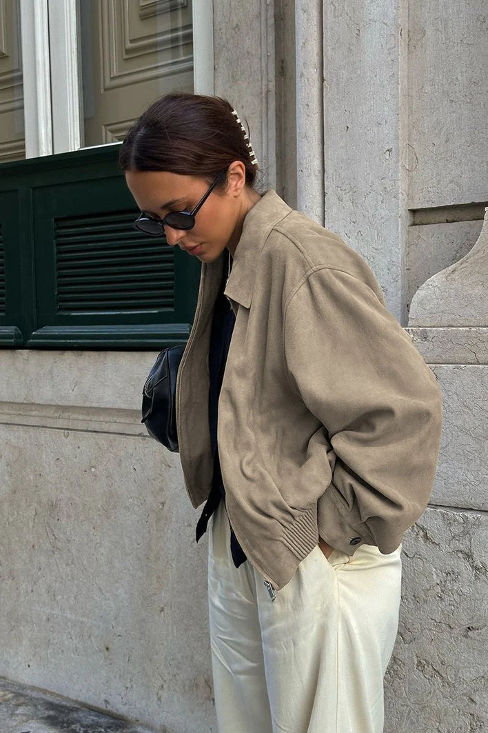 Loose Fit Khaki Suede Jacket - Image 2