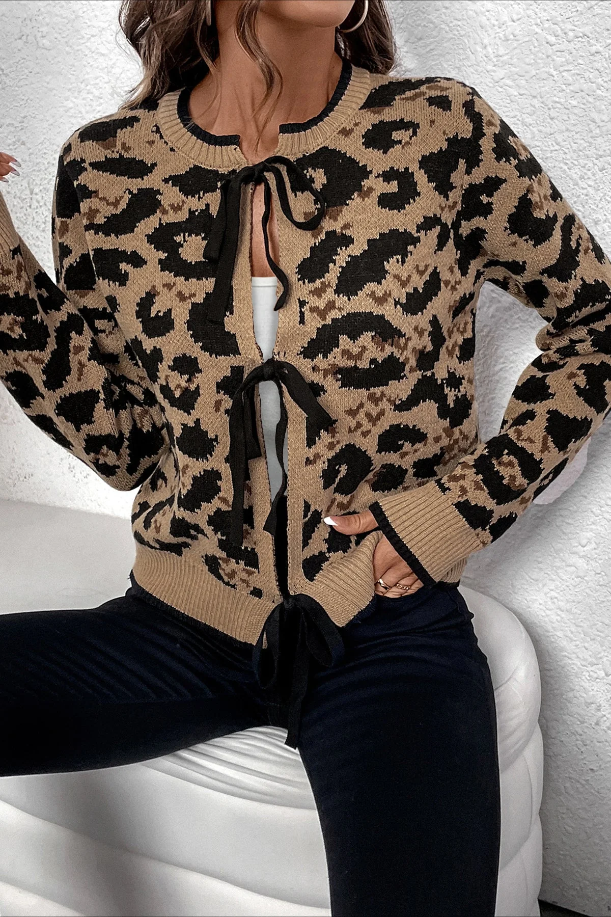 Knitted Leopard Ribbon Tie Cardigan - Image 2