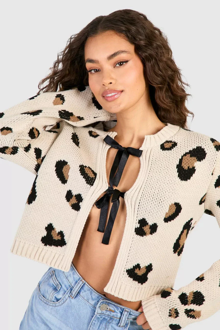 Tie Front Leopard Knit Cardigan - Image 3