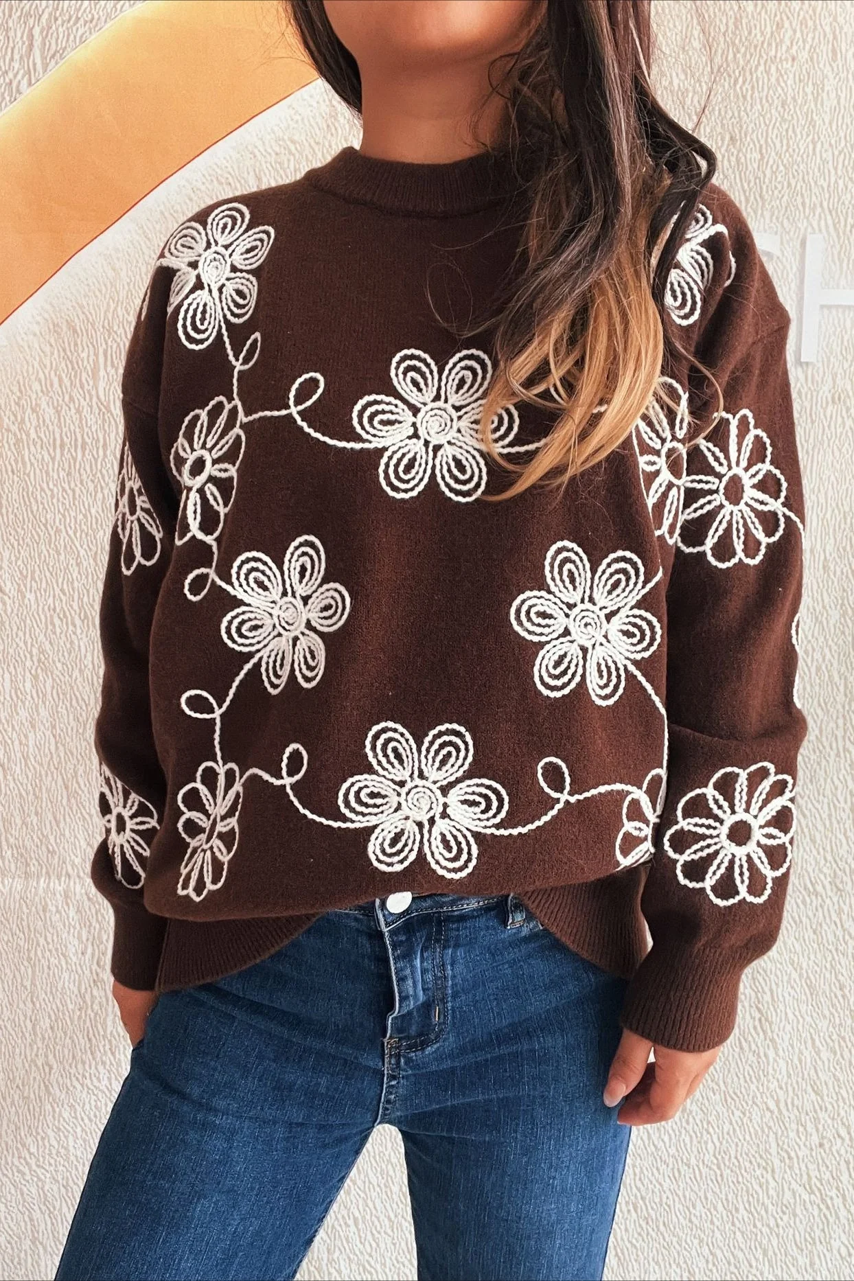 Colorblock Floral Knit Pullover Sweater - Image 2