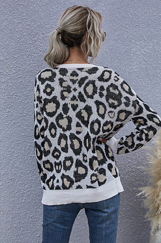 Knit Leopard V-Neck Casual Sweater - Image 3