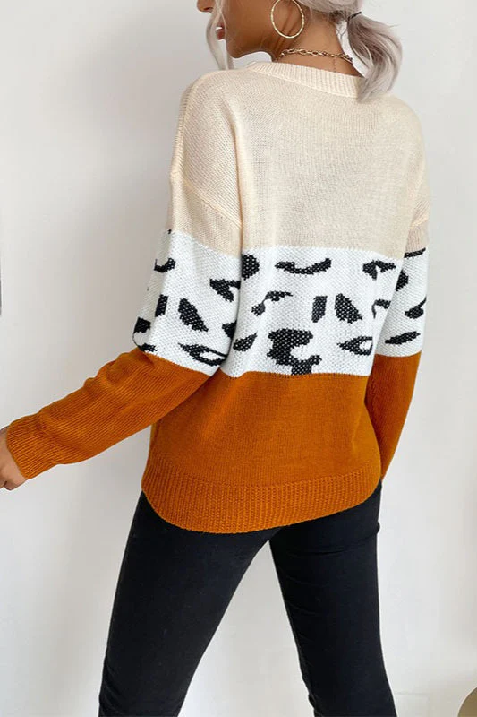 Contrast Leopard Pattern Knit Sweater - Image 4
