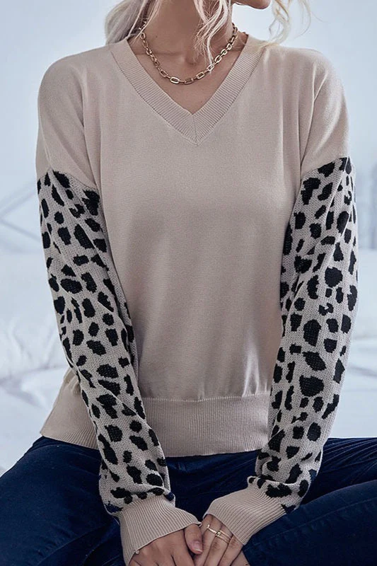 Knit V-Neck Leopard Panel Sweater - Image 2