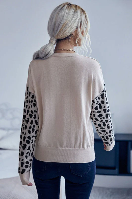 Knit V-Neck Leopard Panel Sweater - Image 4