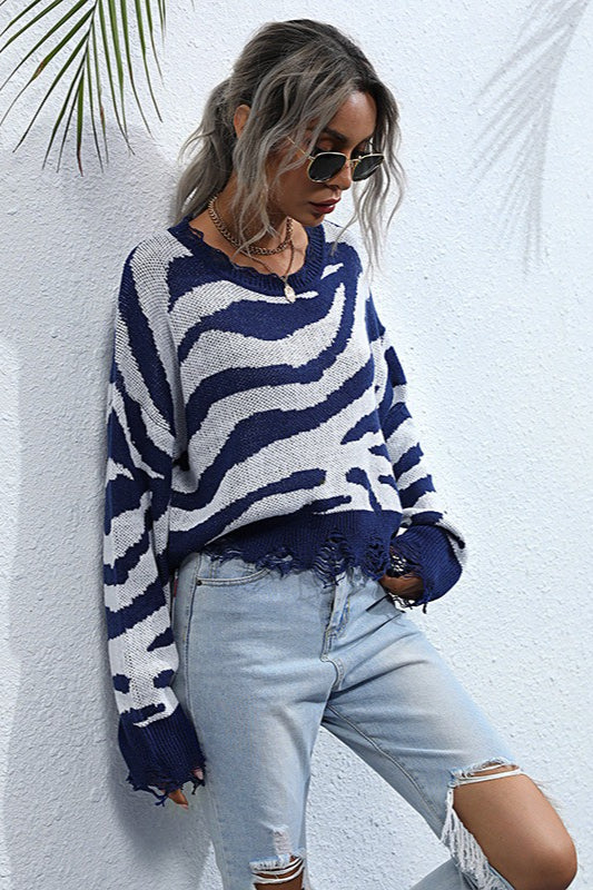 Distressed Zebra Print Knit Sweater - Image 4