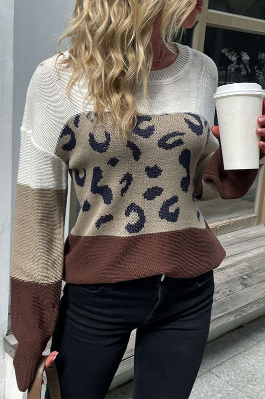 Casual Leopard Contrast Sleeve Sweater - Image 2