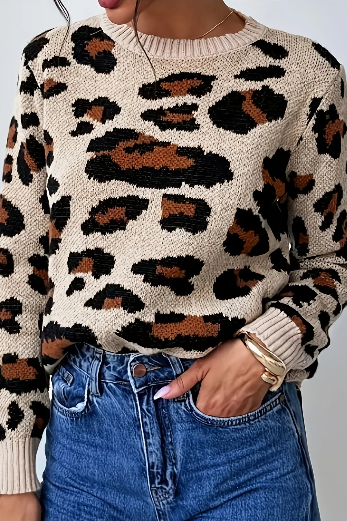 Crew Neck Leopard Pattern Knit Sweater - Image 2