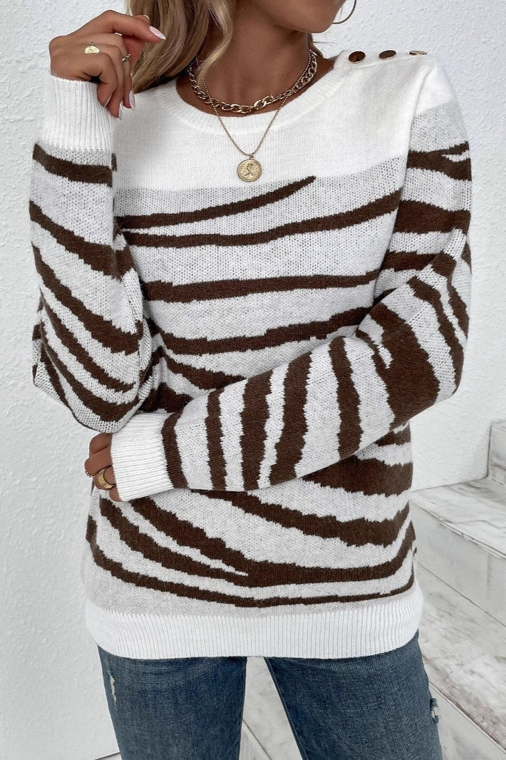 Zebra Colorblock Button Shoulder Sweater - Image 2
