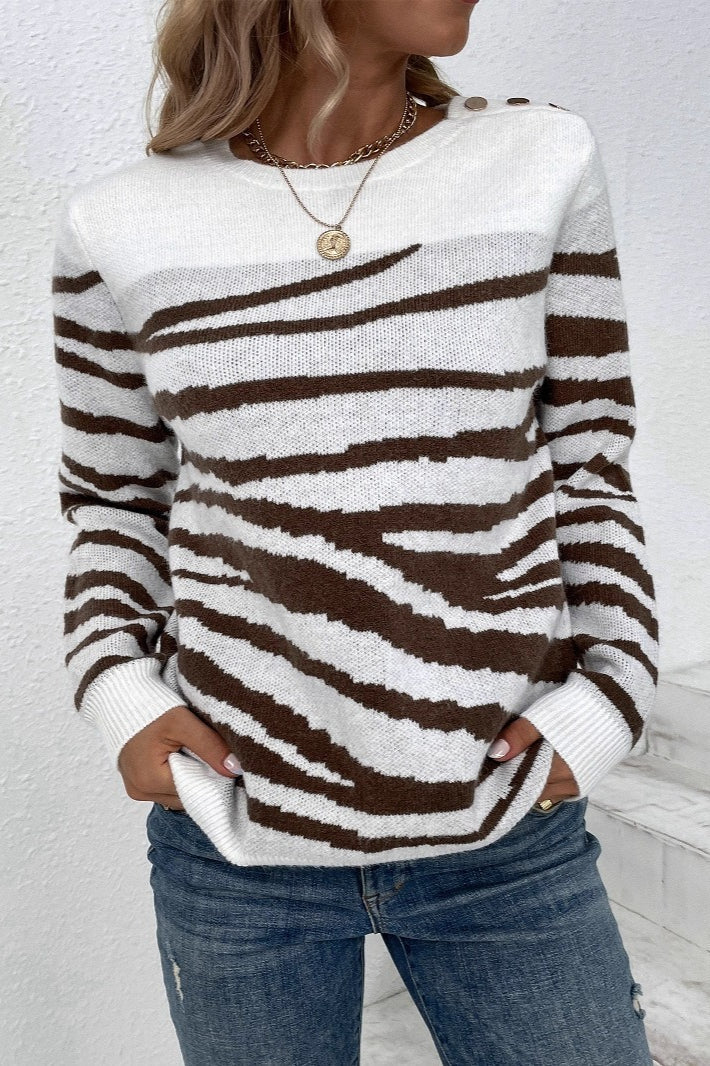 Zebra Colorblock Button Shoulder Sweater - Image 3