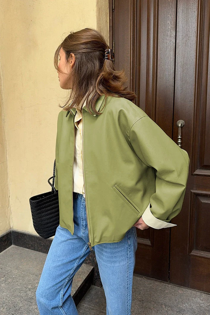 Loose Fit Green Leather Pilot Jacket - Image 2