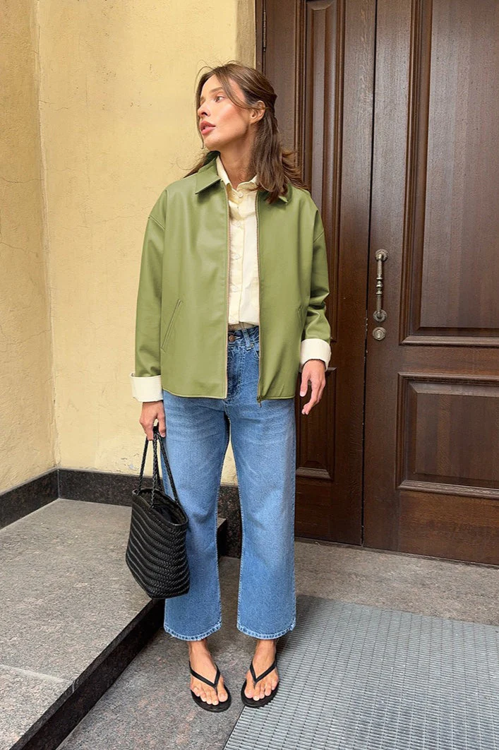 Loose Fit Green Leather Pilot Jacket - Image 4