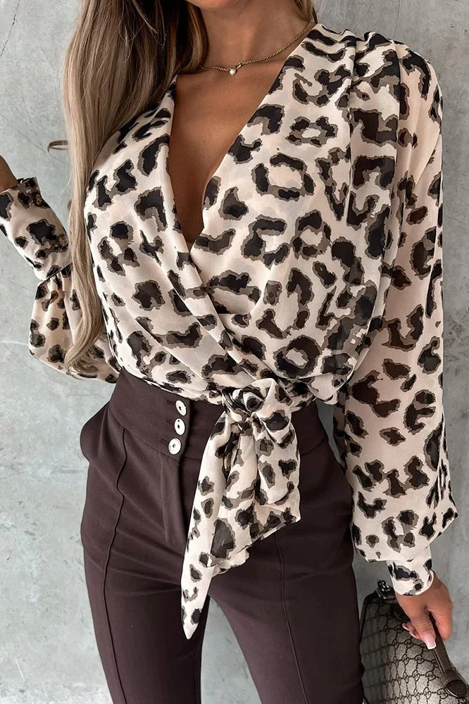 V-Neck Leopard Print Patchwork Blouse - Image 2