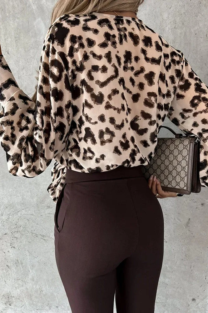 V-Neck Leopard Print Patchwork Blouse - Image 3