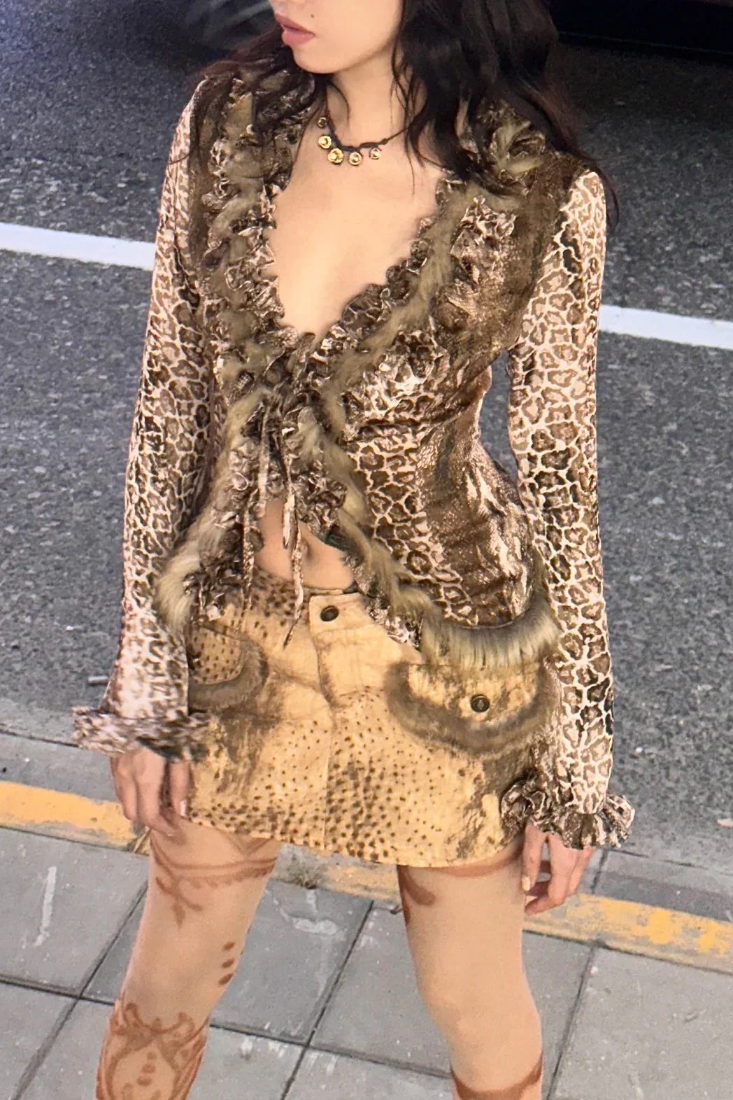 Harajuku Leopard Fur V-Neck Blouse - Image 2