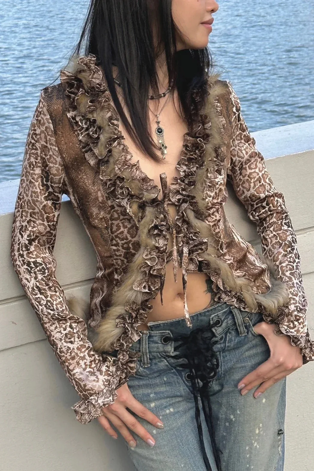 Harajuku Leopard Fur V-Neck Blouse - Image 3