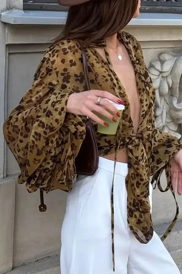 Y2K Leopard Front Tie Blouse - Image 2
