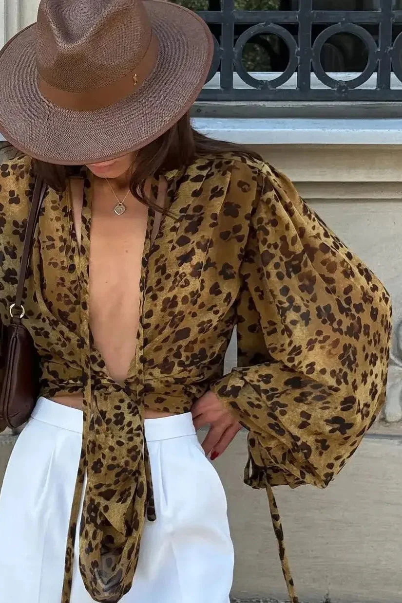 Y2K Leopard Front Tie Blouse - Image 3
