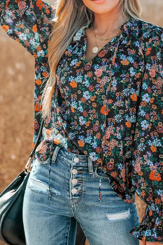 Floral V-Neck Ruffled Sleeve Blouse - Image 2