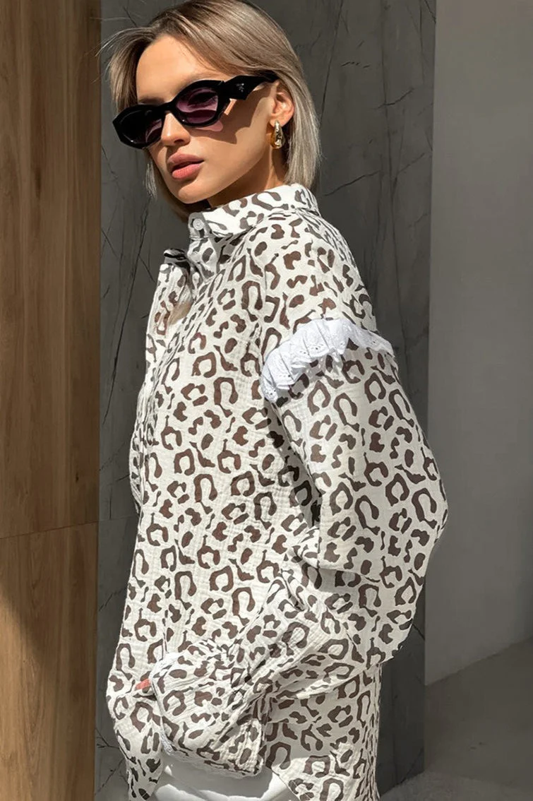 Elegant Leopard Print Cotton Long Sleeve Blouse - Image 2