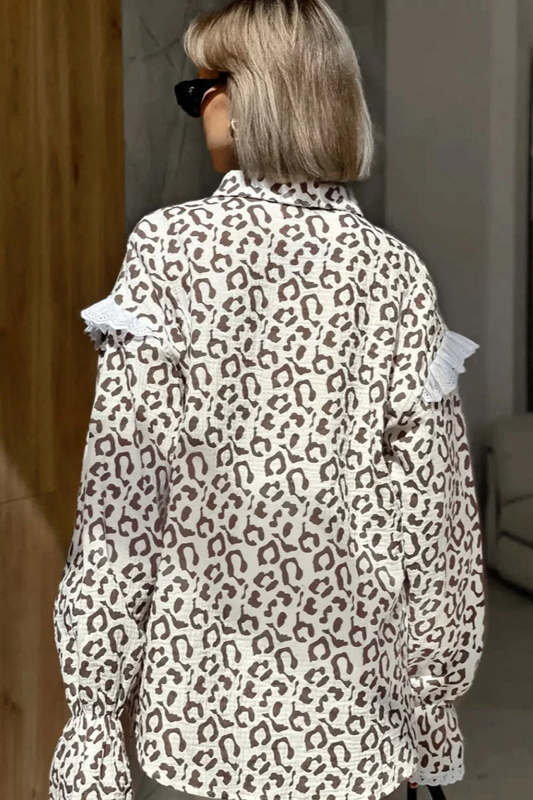 Elegant Leopard Print Cotton Long Sleeve Blouse - Image 3