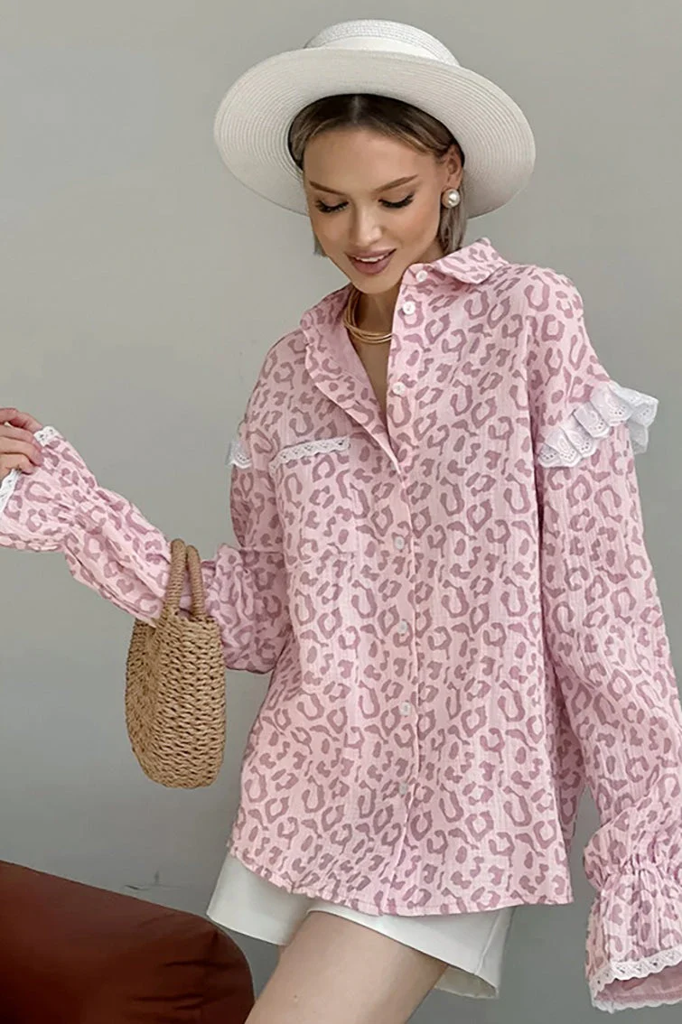 Elegant Leopard Print Cotton Long Sleeve Blouse - Image 4