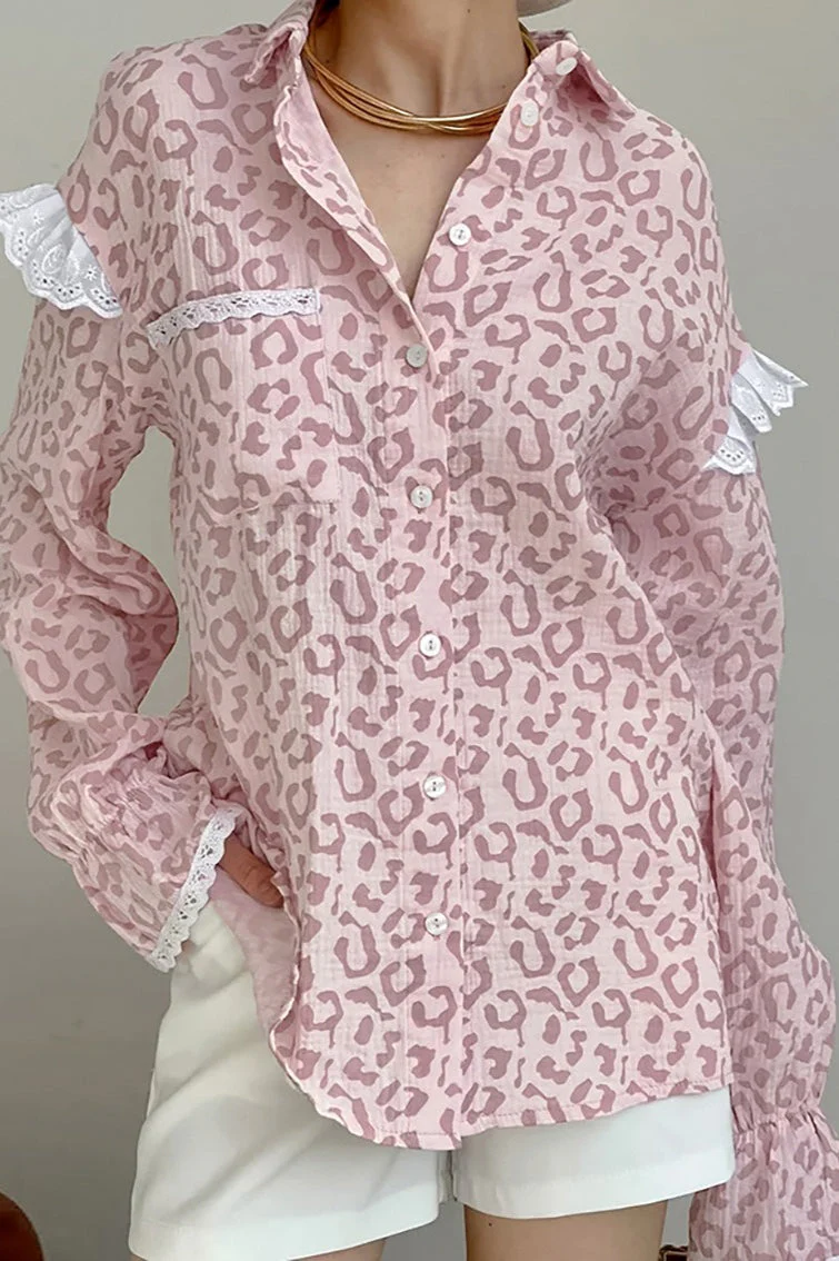 Elegant Leopard Print Cotton Long Sleeve Blouse - Image 5