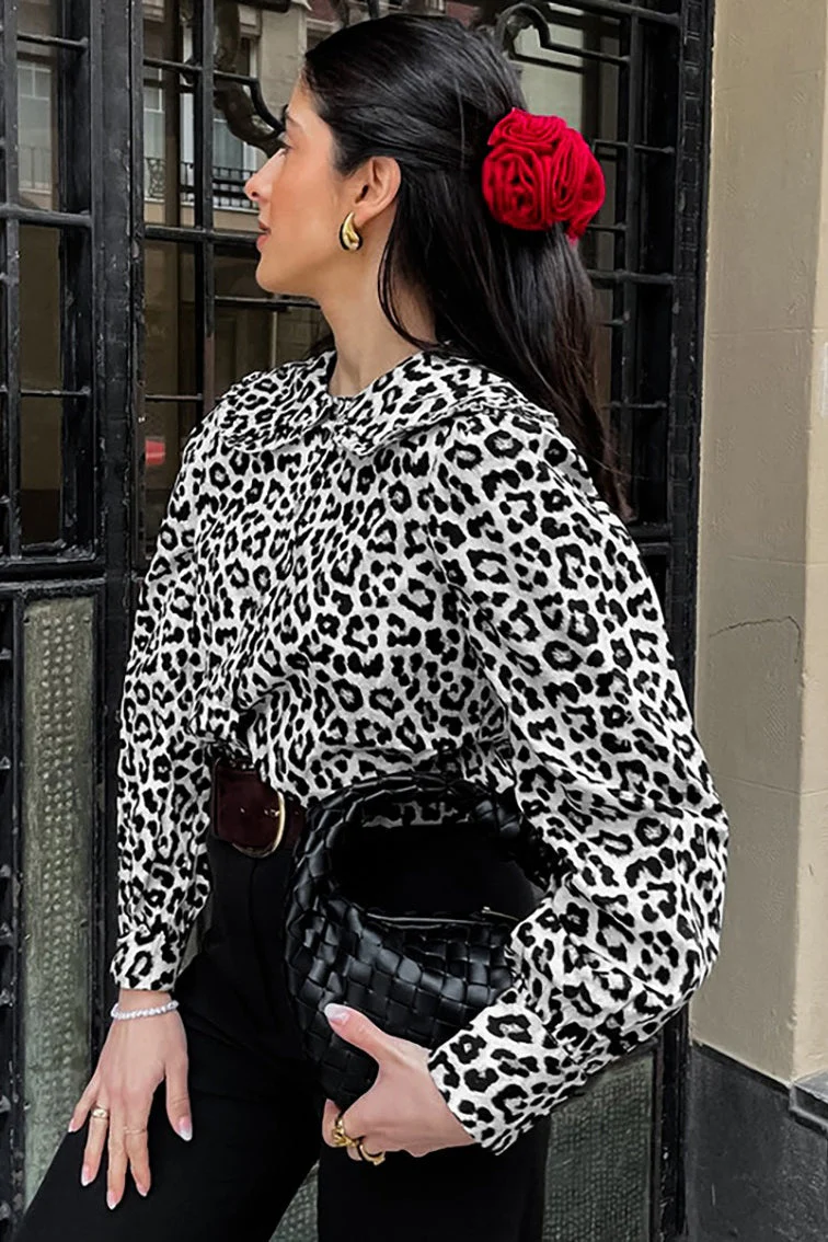 Cotton Leopard Print Turn Down Collar Blouse - Image 2