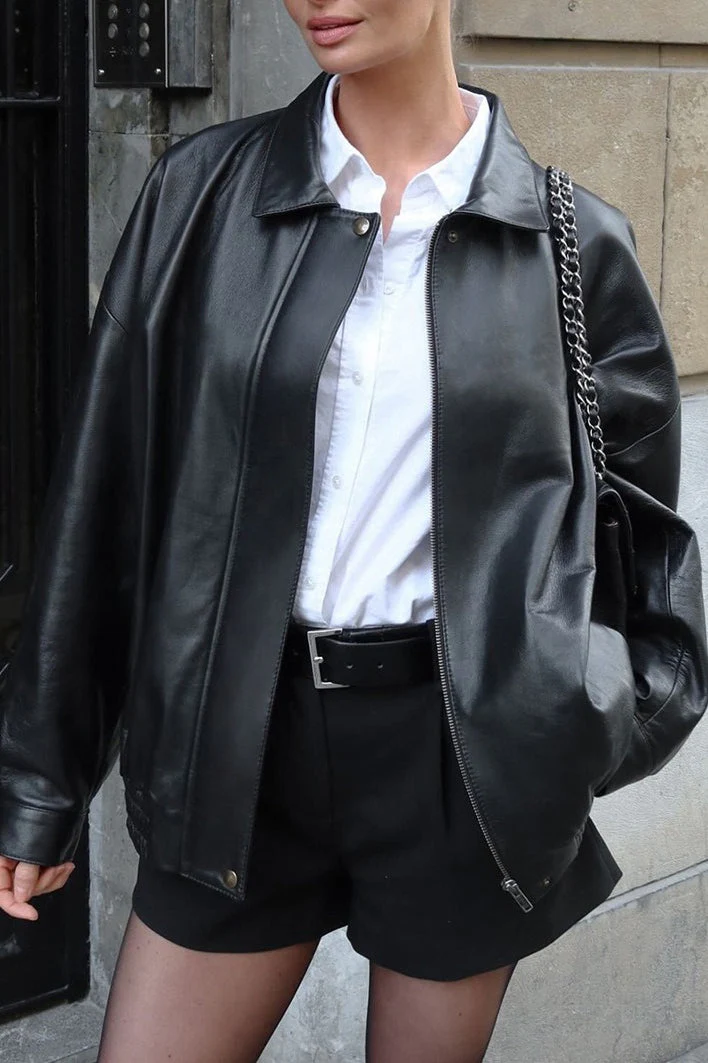 Retro Black Leather Moto Jacket - Image 5