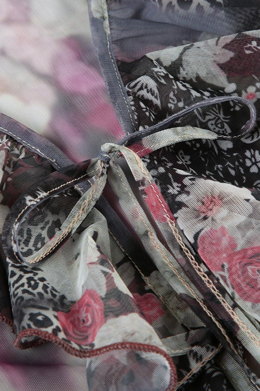 Vintage Print Contrast Mesh Tie Blouse - Image 3