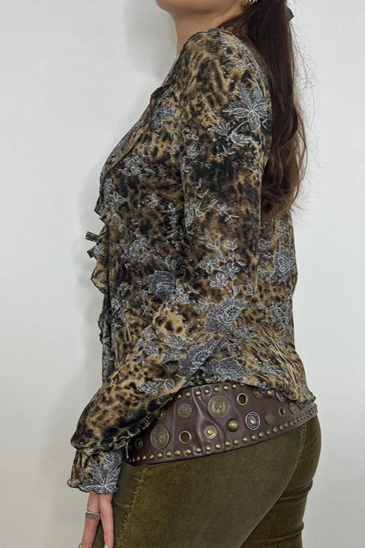 Vintage Animal Print Tie Front Ruffle Blouse - Image 3