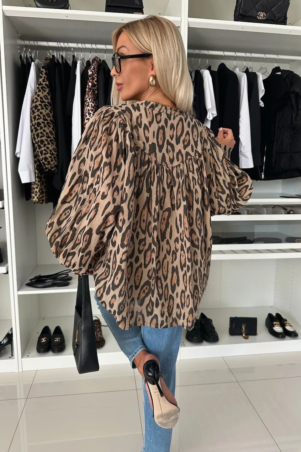 Leopard Print Loose Fit Long Sleeve Blouse - Image 3
