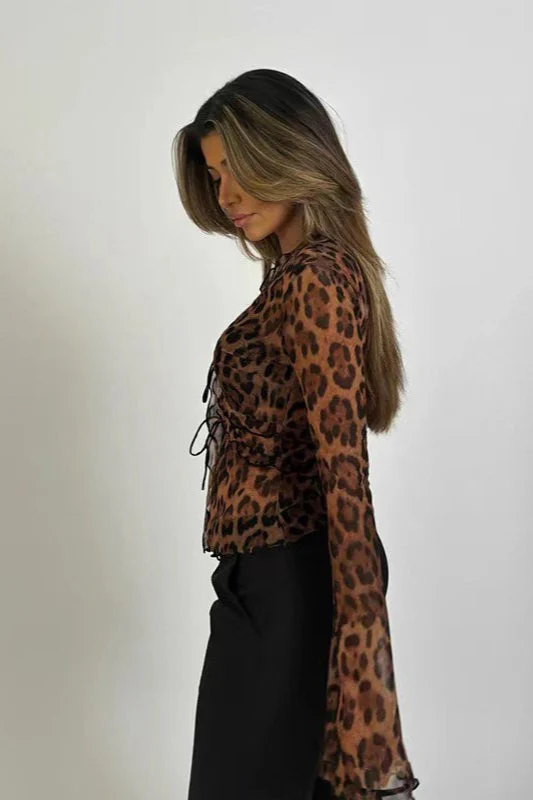 Sexy Leopard Print Sheer V-Neck Blouse - Image 3