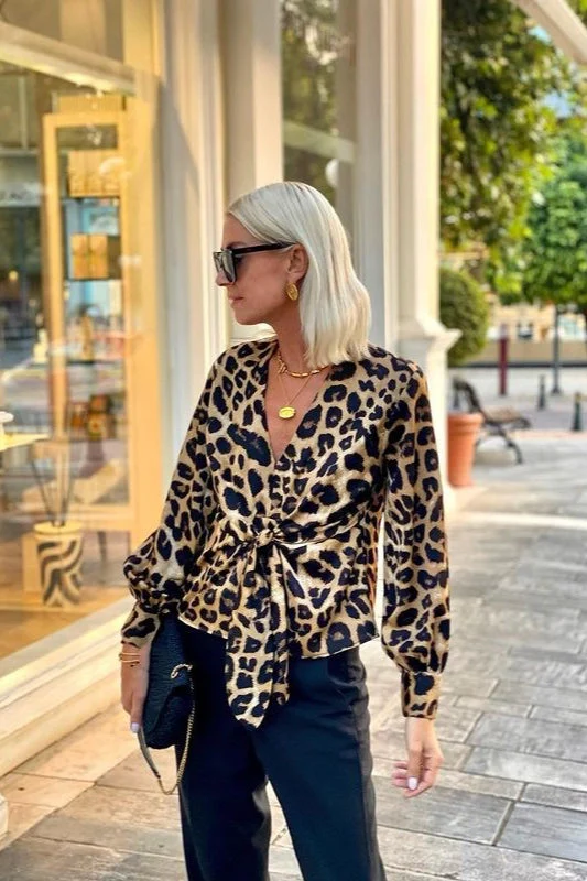 Leopard Print V-Neck Tie Long Sleeve Blouse - Image 2