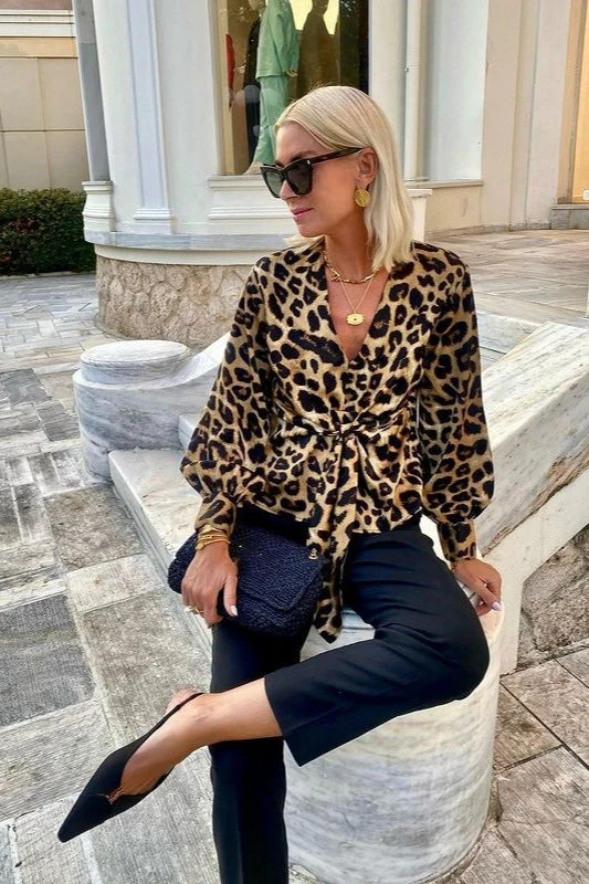 Leopard Print V-Neck Tie Long Sleeve Blouse - Image 3
