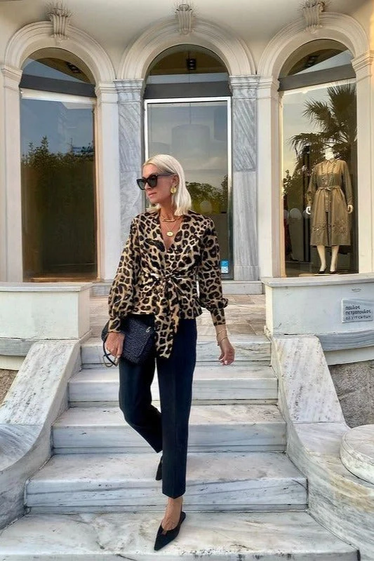 Leopard Print V-Neck Tie Long Sleeve Blouse - Image 4