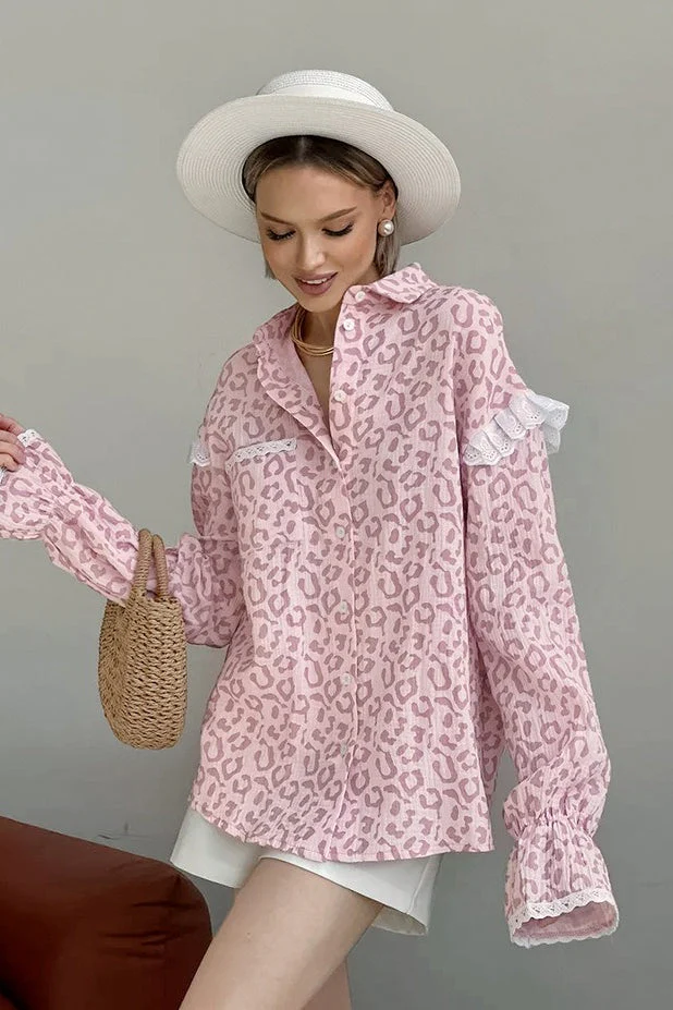 Pink Leopard Print Fashion Ruffle Blouse - Image 2